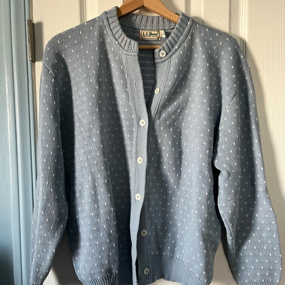 Vintage L.L. Bean Women’s Light Blue Cotton Cardigan with White Dot Pattern